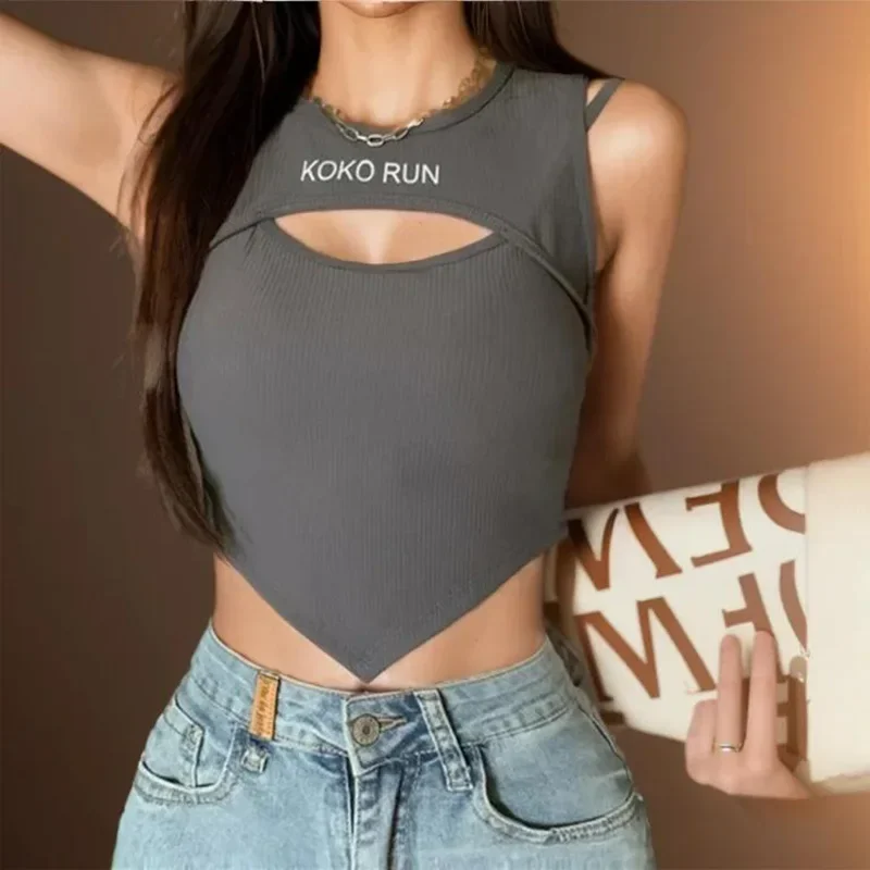 Casual Crop Tops Vrouwen Breien Onregelmatige Tops Uitgehold Hemdje Nep Twee Stukken Tanktops Met Bh Pad Vrouwen 2024 Zomer