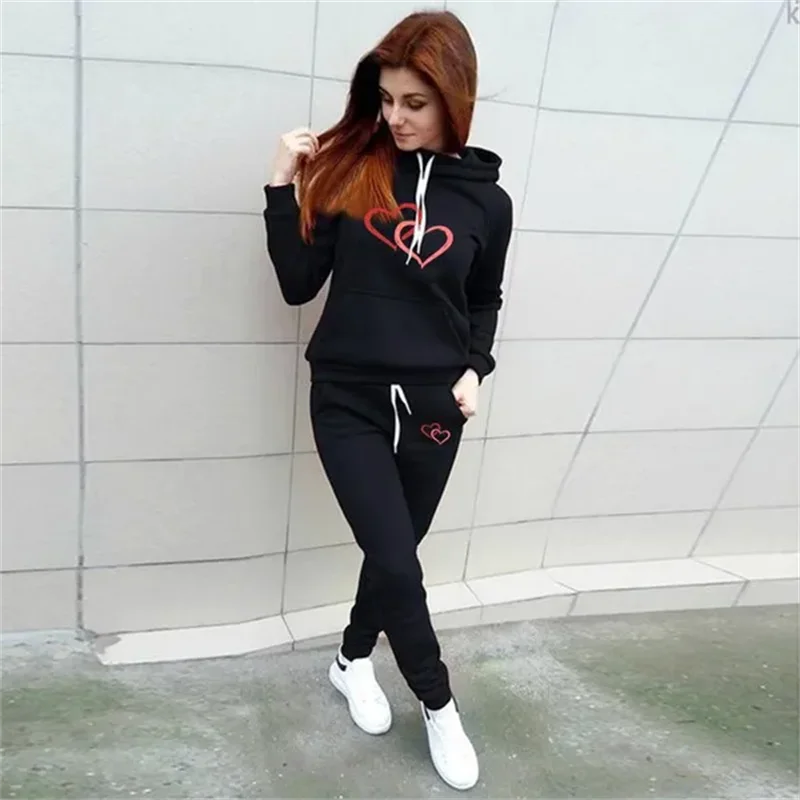 love print ladies sportswear sportswear jogging clothes ladies hooded sportswear suit clothes hoodie + sports pants sports