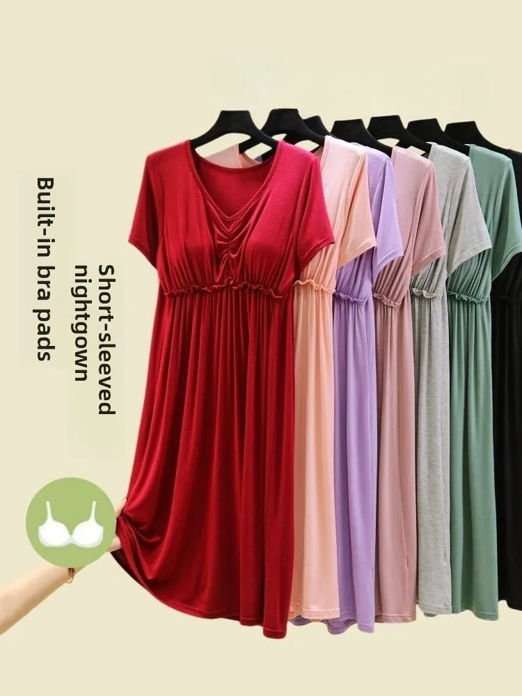 Loose Modal Sleep Dress for Women with Chest Pad Mid-Length Summer Short Sleeve Home Clothes Maternity Casual V-Neck Dress