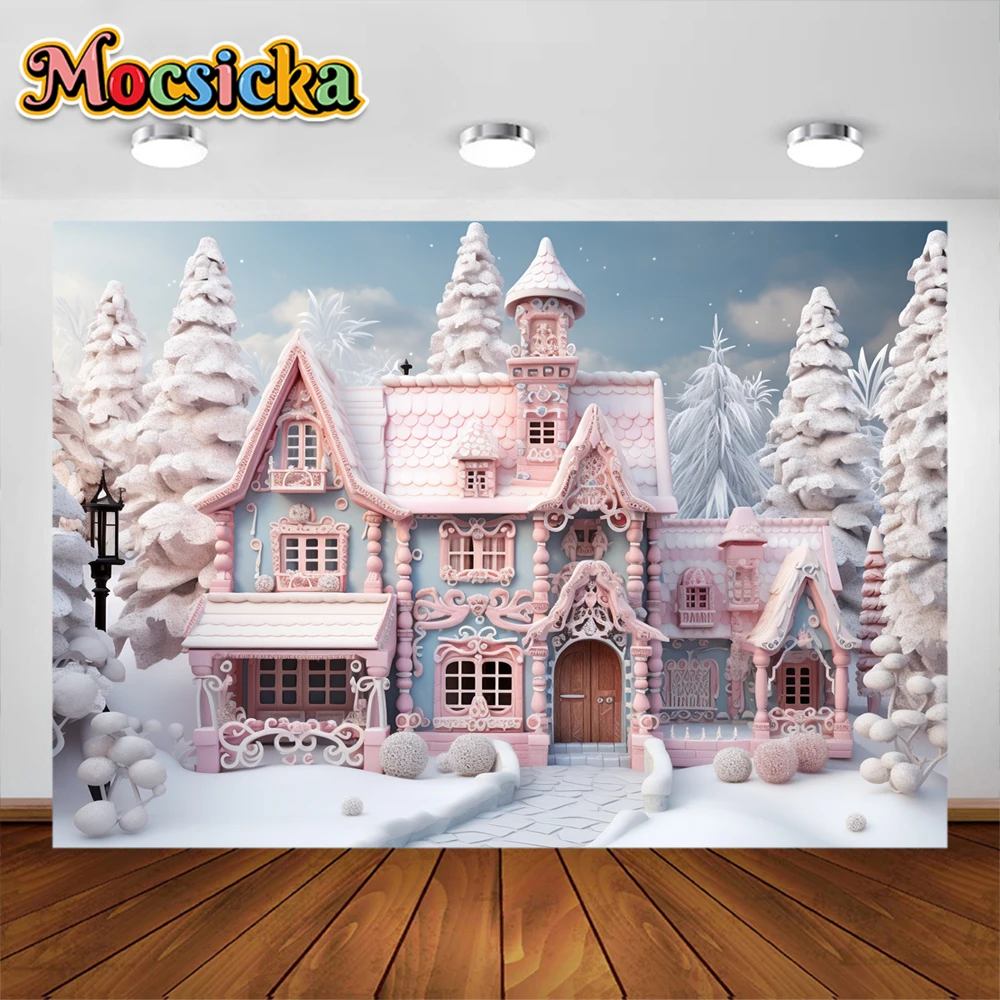 Mocsicka Traum Garten Landschaft Schloss Fotografie rosa Haus Schneeflocke Weihnachts baum Kinder Porträt Studio Requisiten Banner
