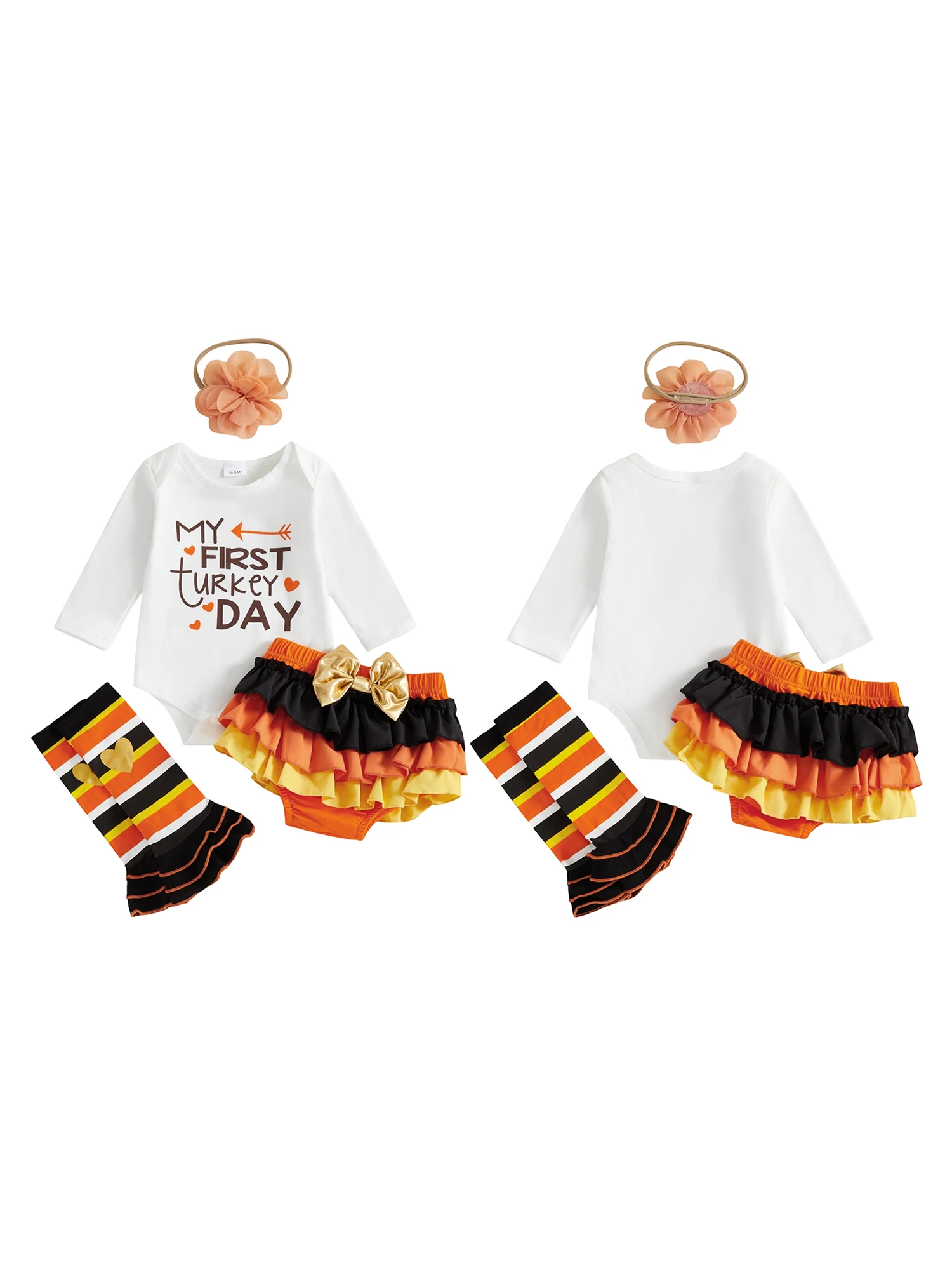 

Thanksgiving Baby Girl Outfit Long Sleeve Romper with Tiered PP Shorts Leg Warmers and Headband Set for Fall Festivities