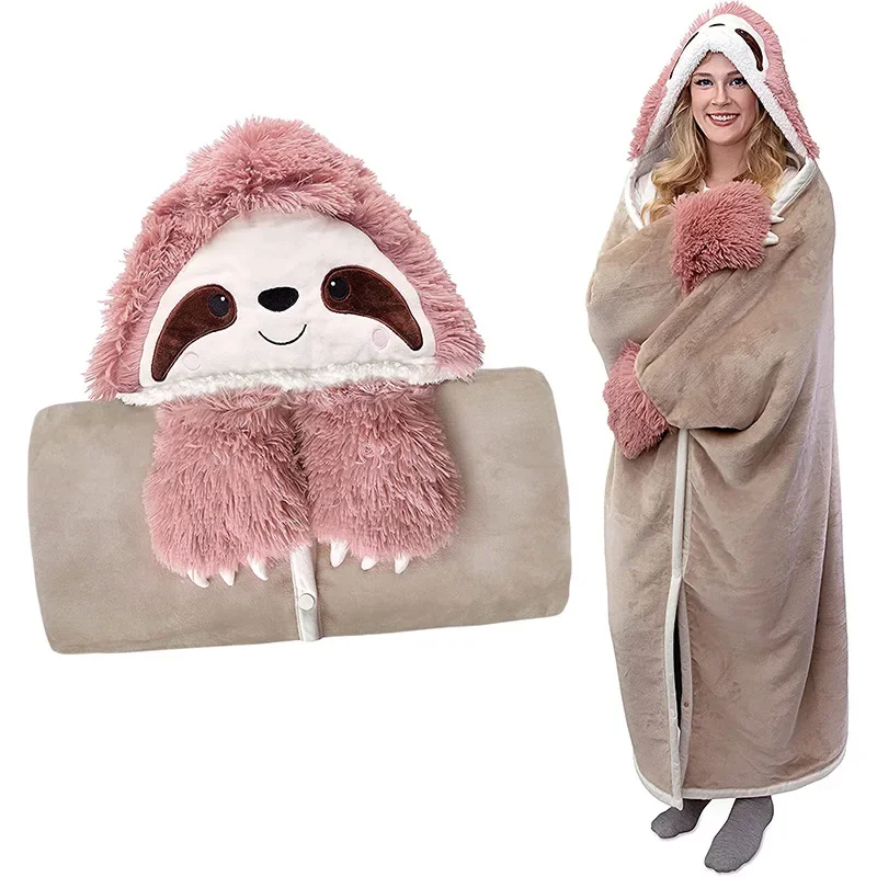 Cartoon Animal Hooded Blanket with Sleeves Gloves Soft Fleece Lamb Velvet Comfortable Home TV Blanket Wearable Winter Sofa Nap