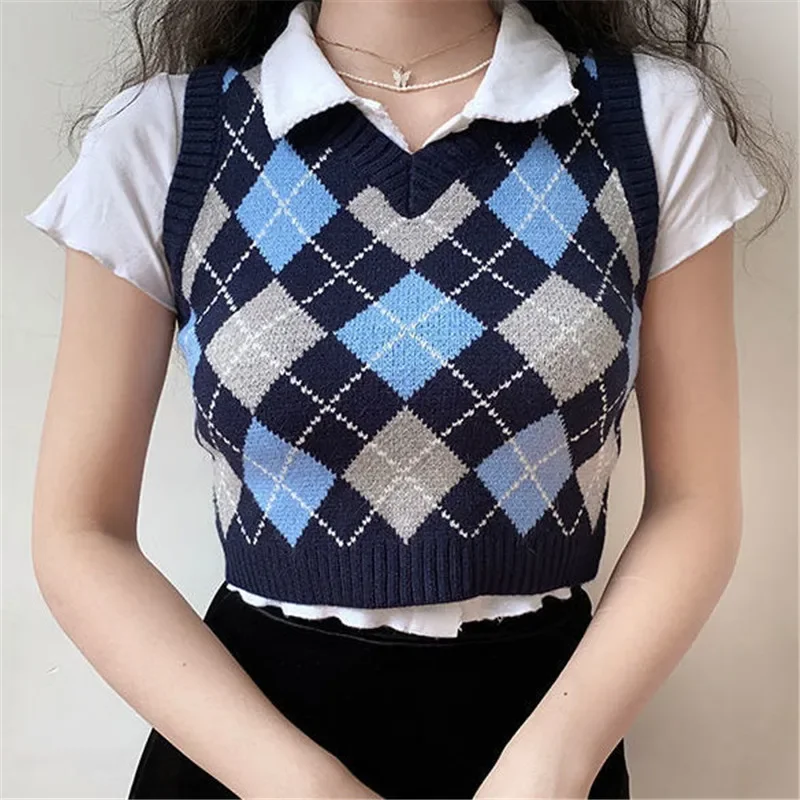 Vintage Argyle Knitted Sweater Vest Women Preppy Style V Neck Sleeveless Crop Sweaters Haut Femme