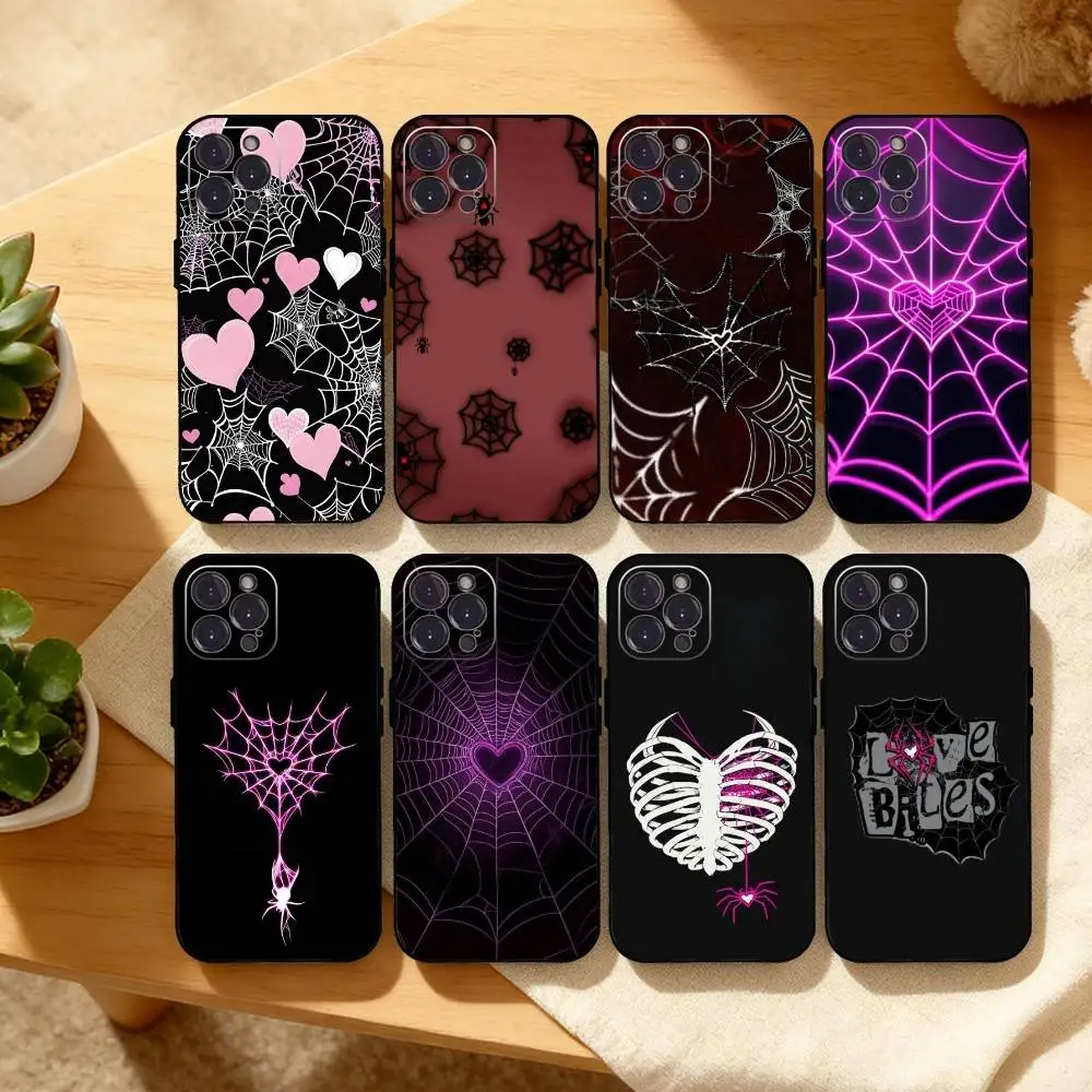 

Cool S-Spider Web H-Heart Phone Case For iPhone17,16,15,14,13,12Plus,Pro Max,XS,5G Soft Silicone Black Cover