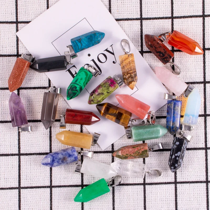 20pcs/ Bag 9*22mm Natural Stone Hexagonal Bullet Pendant Necklace Druzy Bullet Crystal Necklace Gemstone Jewelry