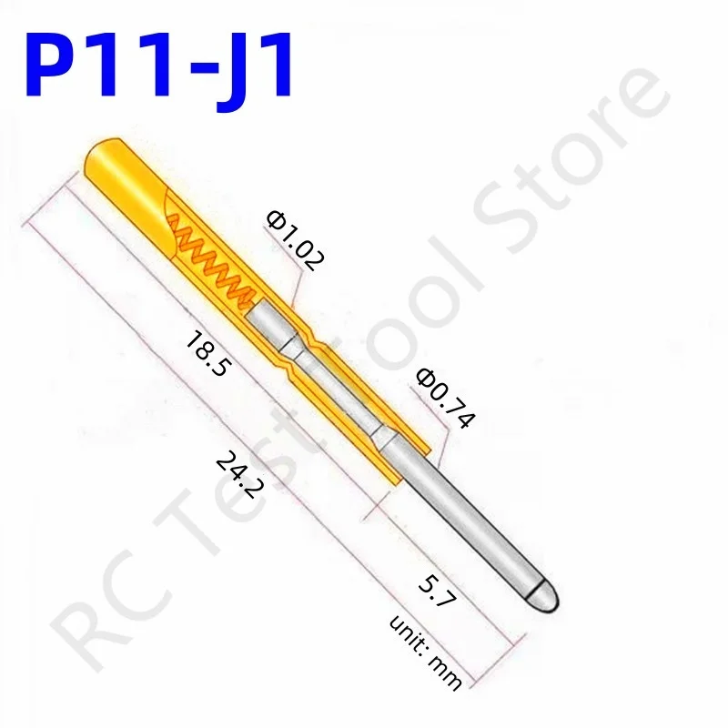 

100PCS P11-J1 Spring Test Probe Pogo Pin Test Pin Dia 1.02mm Tip Dia 0.74mm Length 24.2mm P11-J Test Tool PCB Test Round Tip