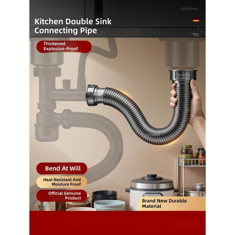 Kitchen sink double‑head connector, sink drain pipe, drainage hose with extended dual‑threaded fittings, flexible hose access...