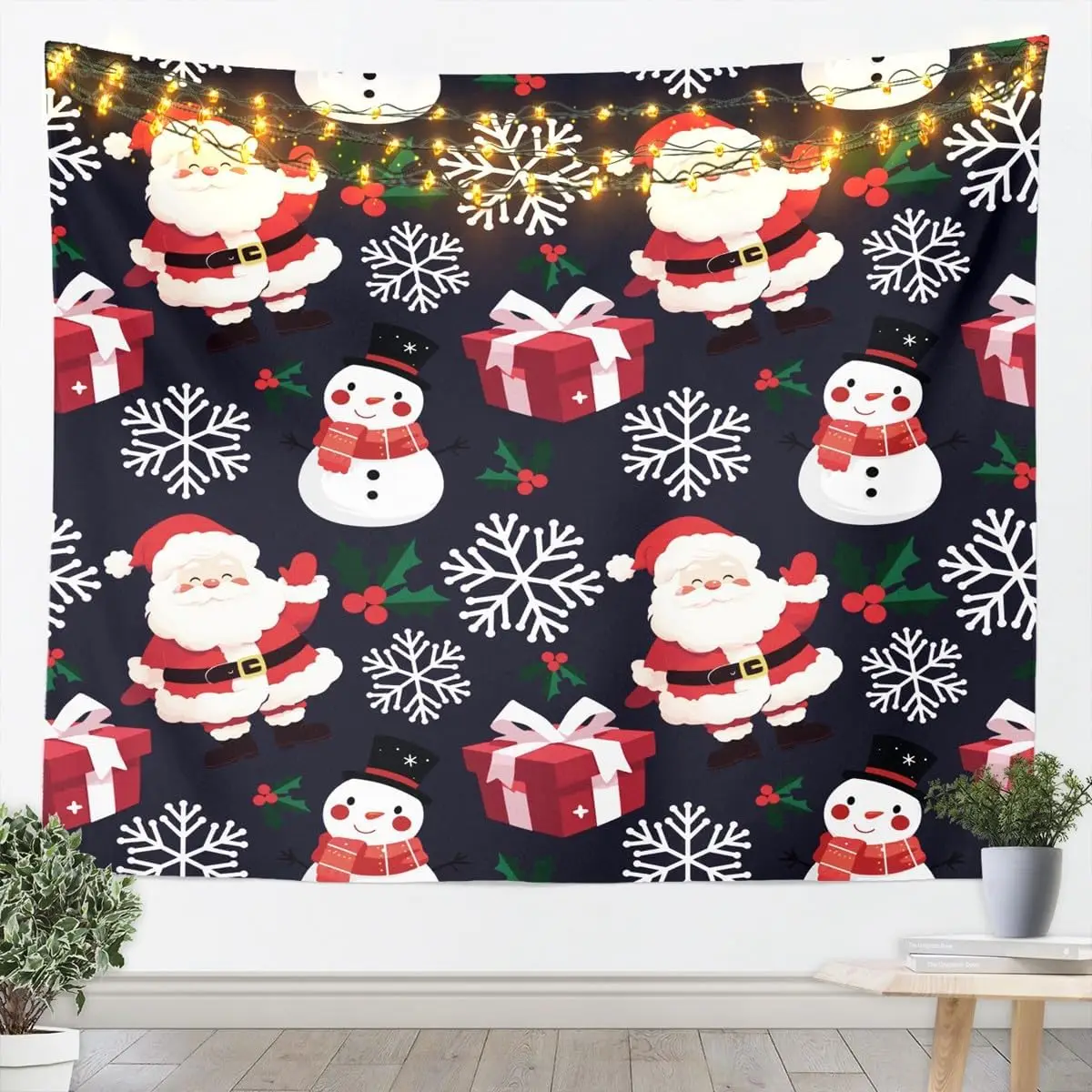 Merry Christmas Tapestry Kids Xmas Santa Claus Wall Art for Bedroom Living Rooms, Cute Snowman Wall Hanging Blanket Breathable