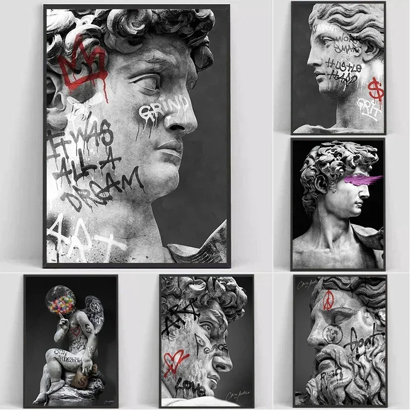 1 Stück Leinwandgemälde David-Statue Graffiti-Kunst Leinwandmalerei David-Kopf-Skulptur Poster und Drucke Straßen-Wandkunst Bild