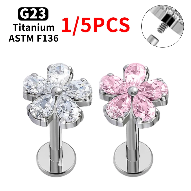 

1/5 Pcs G23 Titanium Labret Piercing 16G CZ Flower Flat Back Stud Earring Tragus Helix Cartilage Earring Medusa Piercing Jewelry
