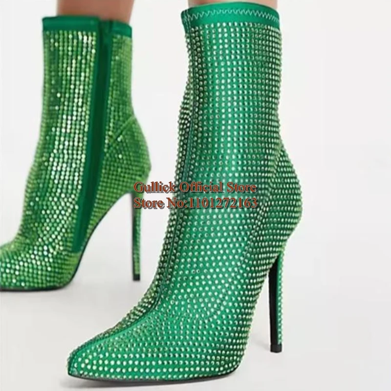 

Bling Bling Orange Crystal Mid-calf Boots Stiletto Heels Pointy Toe Zipped Rhinestone Glitter Booties Women Party Dress Shoes