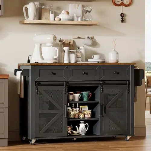 Kitchen Island with Storage, 55" Kitchen Cart with Charging Station, Rolling Kitchen Island Table with Drop-Leaf, 3 image 5