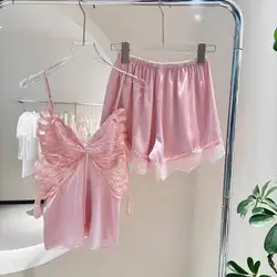 Sexy Pajamas For Women Ice Silk  Butterfly Suspender Shorts Set Sleepwear With Chest Pad Home Clothes