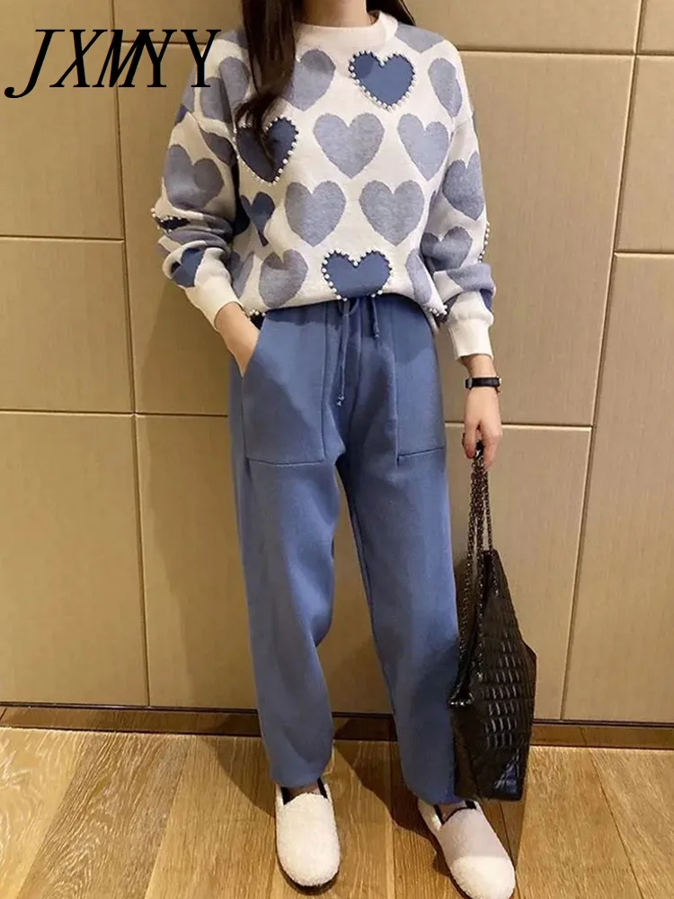 JXMYY-Love Printed Knitted Two-Piece Suit for Women, Long Sleeve Sweater, Tops and Solid Colors, Casual Pants, Female Fashion