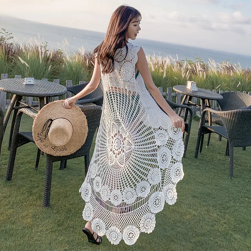 Crochet Beach Dress Lace Women Summer Seaside Bikini Cover Up Oversize Sexy Sleeveless Hollow Out Front Short Back Long