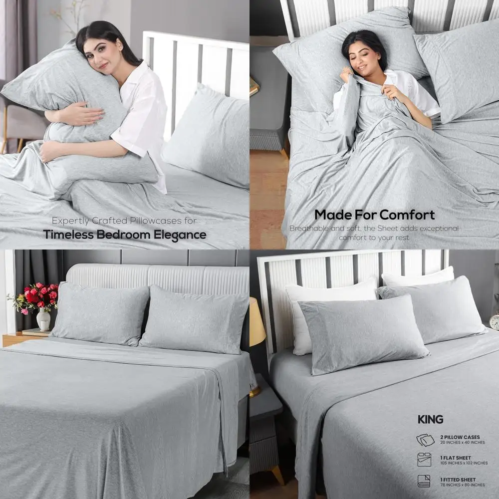 

Cotton Jersey Knit 4-Piece King Sheets - Soft T-Shirt Feel - Heather Light Grey