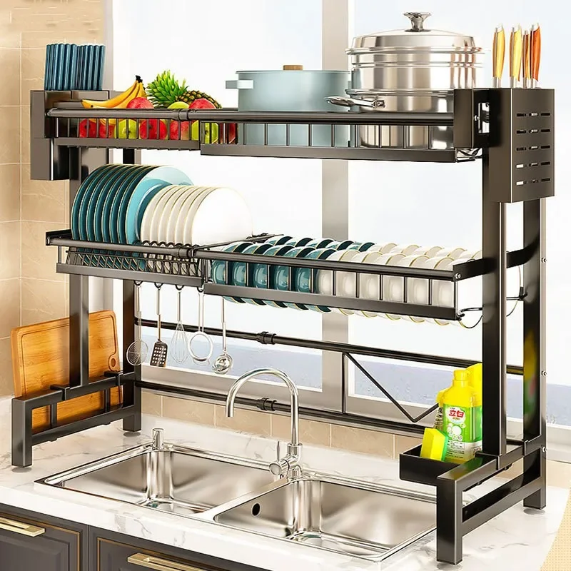 Stretchable kitchen storage rack bowl and dish drain storage rack thickened household multifunctional storage rack