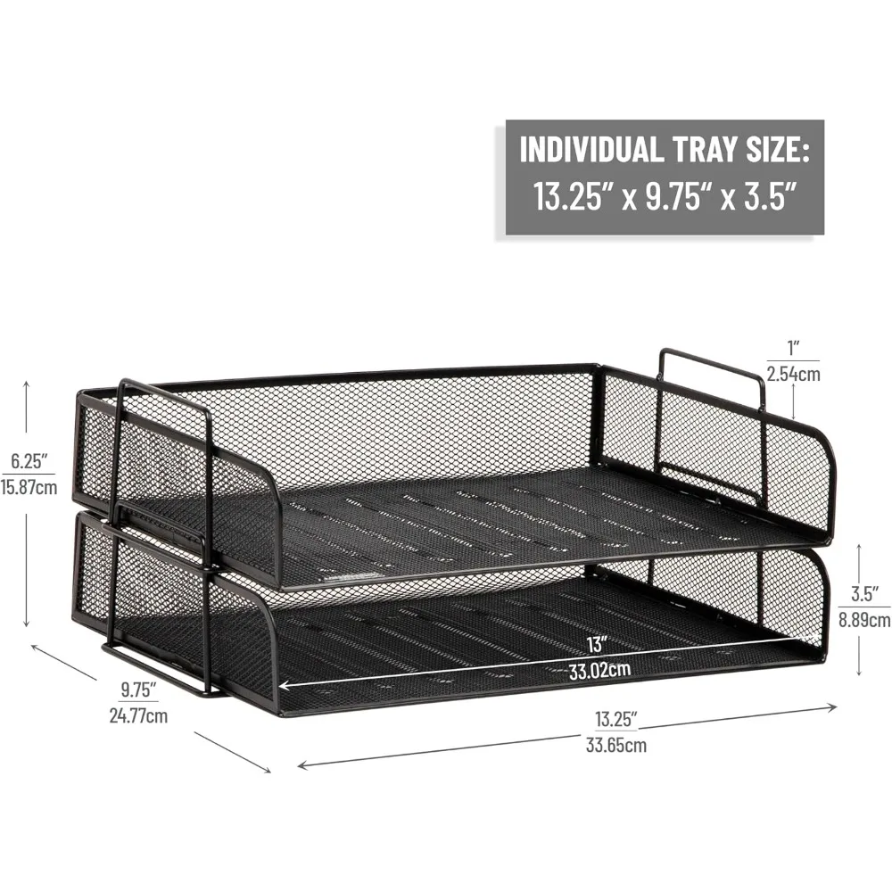 Stackable Paper Tray, Desktop Organizer, File Storage, Office, Metal Mesh, 2 Pcs, Black view 3