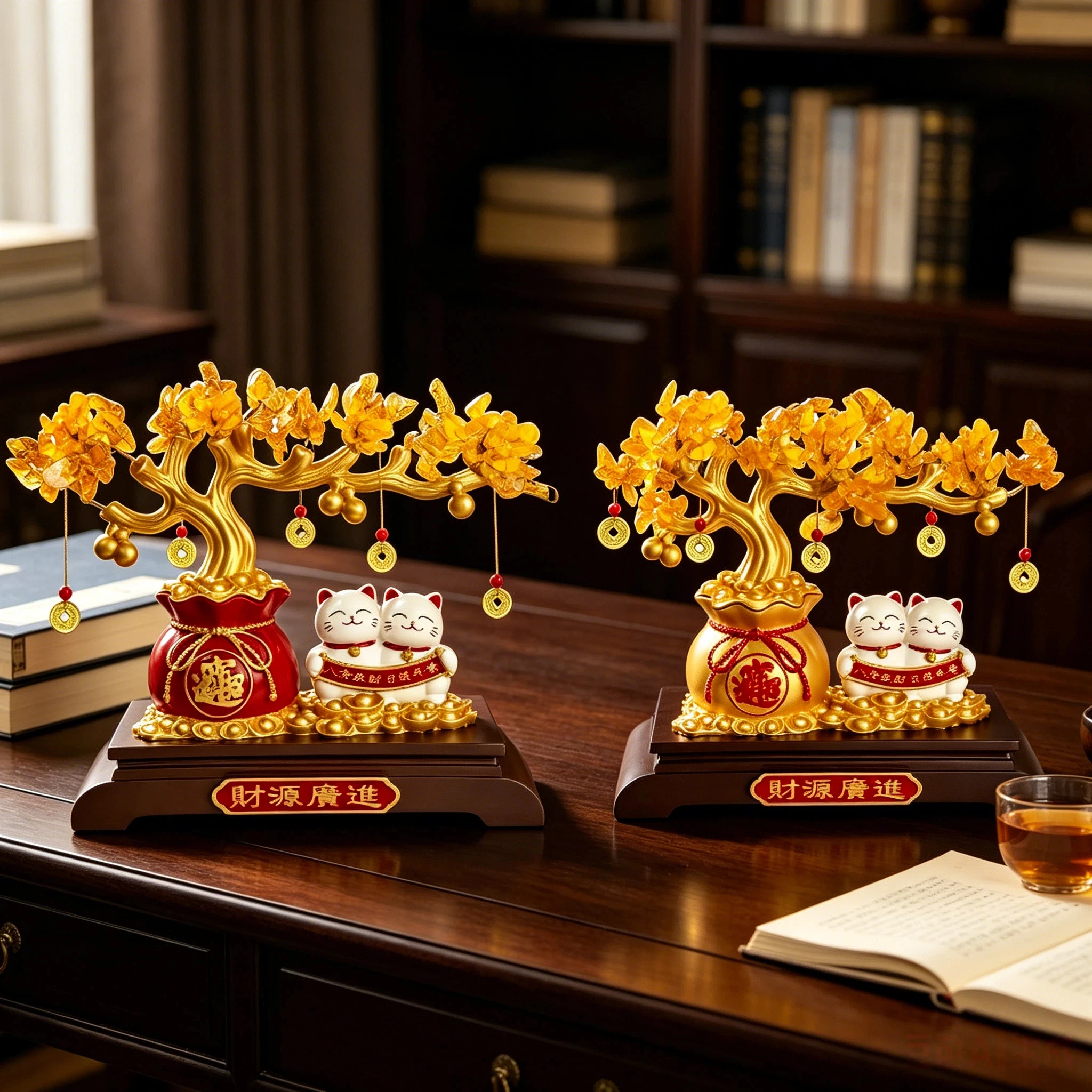 1Pc Fortune-Attracting Tree and Lucky Cat Ornament for Shop Front Desk, Office Decoration, Housewarming, New Home, Opening Gift