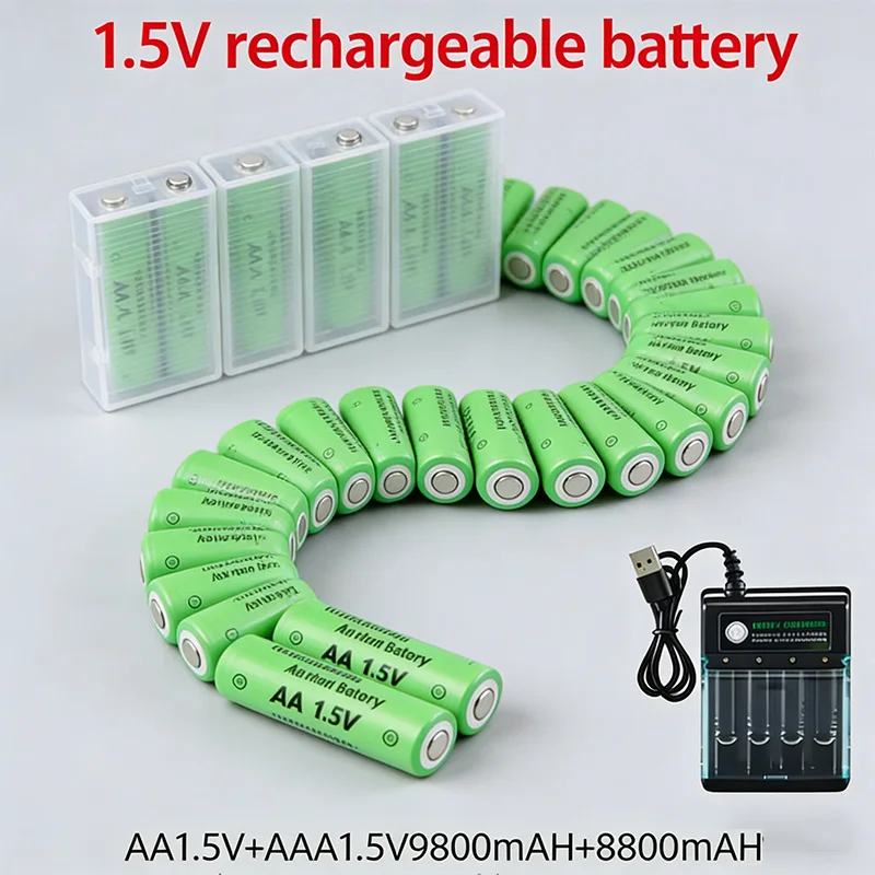1.5V AA AAA Rechargeable Battery AA9800mAh+AAA8800mAh+Charger for Computer Clock Radio Video Game Digital Camera Green Batteries