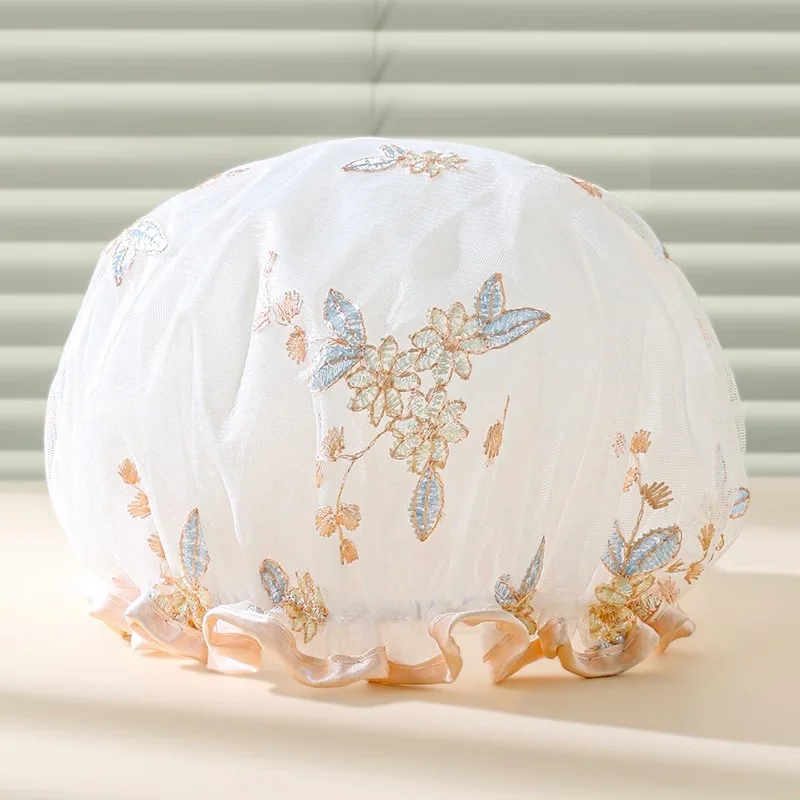 Double-Layer Thickened Waterproof Bath Hat Embroidered Shower Cap Reusable Hair Cover Kitchen Oil-proof Sanitary Hat