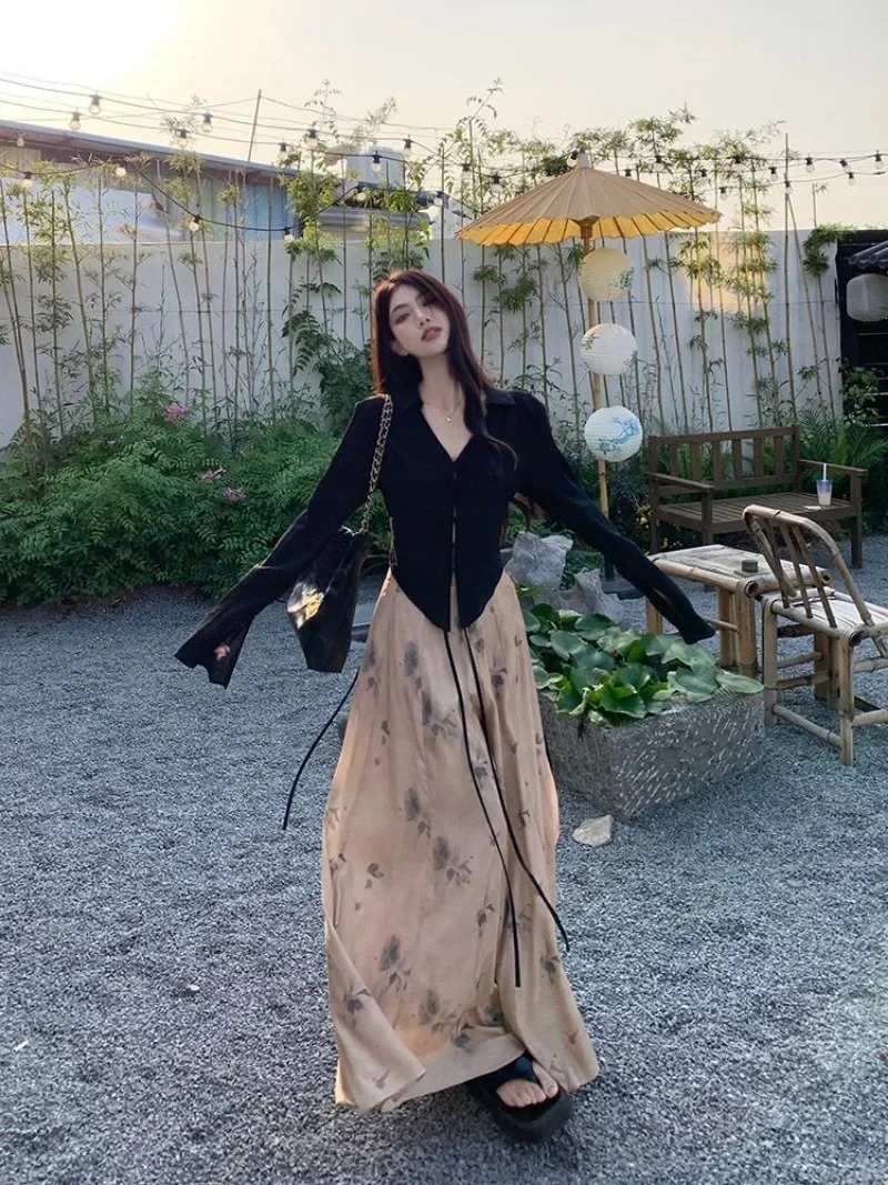 

Korean Vintage Women's New Chinese Fashion Ribbon High Waist Trouser Skirt Female Baggy Elegant Skirt Pants Y2k Clothes