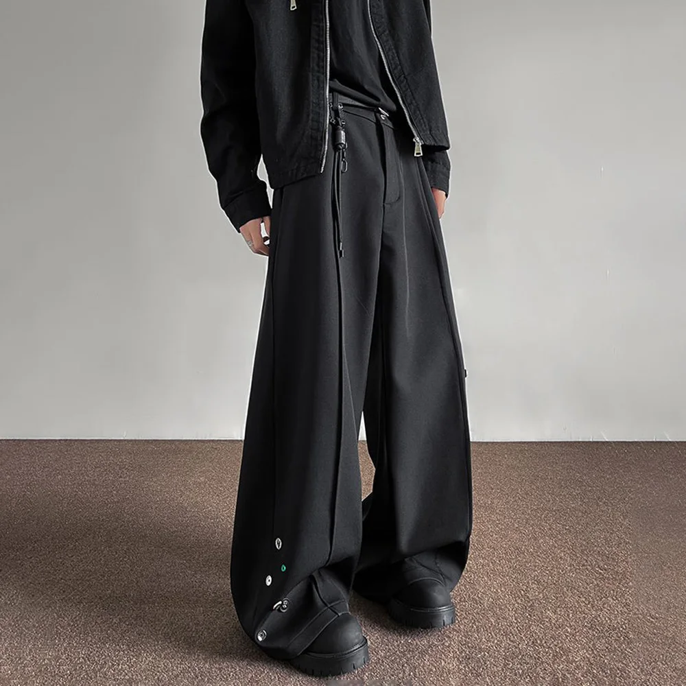 남성 바지 단추 장식 얇은 캐주얼 바지 봄 가을 거리 착용 패션 청소년 캠퍼스 넓은 다리 바지 남성복 2025
