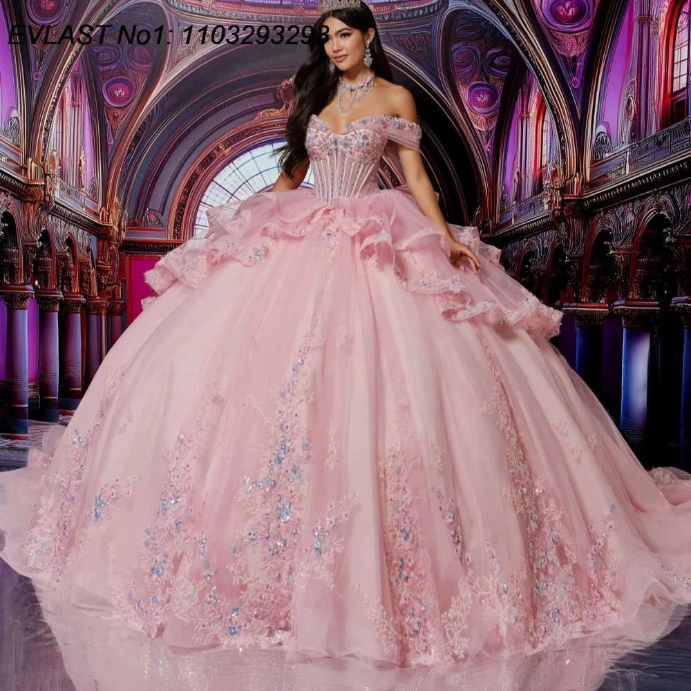 

EVLAST Customized Shiny Pink Quinceanera Dress Ball Gown 3D Floral Applique Crystal Beaded Sweet 16 Vestidos De 15 Anos AQ176