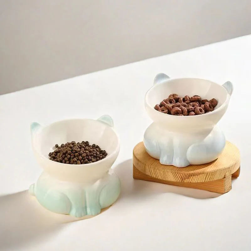 Ceramic Cat Bowl Cat Ear Cat Food Bowl High Footed Water Bowl