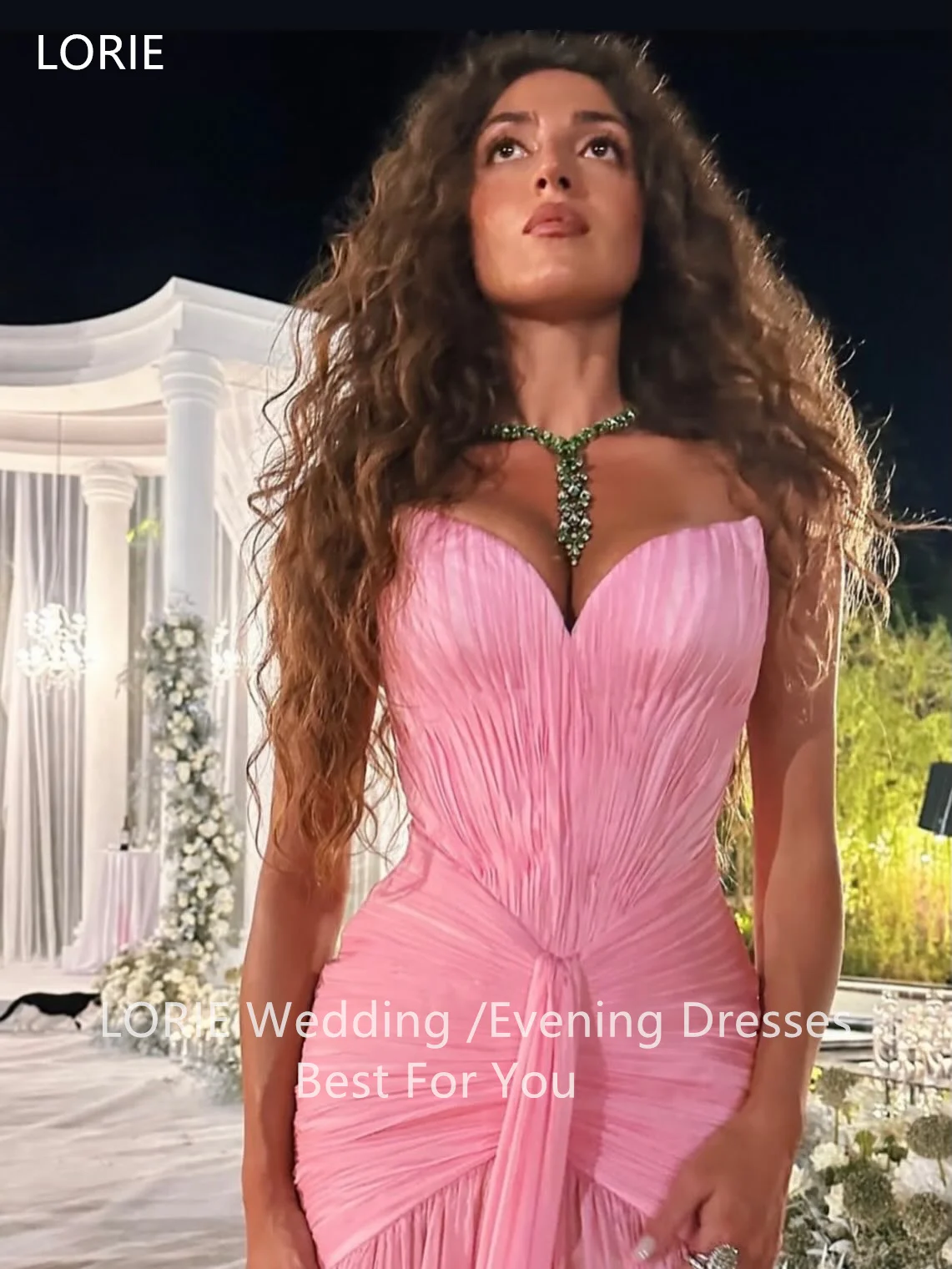 LORIE Chic Pink Chiffon Evening Dresses Strapless Sleeveless Pleats Party Dress A-Line Slit Prom Gowns Customized