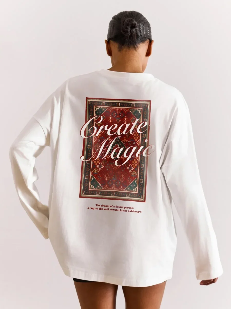 American Style  Autumn Women Cotton Long Sleeve  Create Magic Vintage Persian Rug Print T Shirt Loose Casual Basic Daily Top
