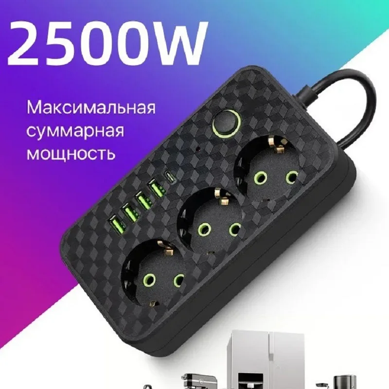 AC Outlets Multitap Socket EU Plug Power Strip 3m Extension Cord Electrical With USB Type C Fast Charging Network Filter Adapter