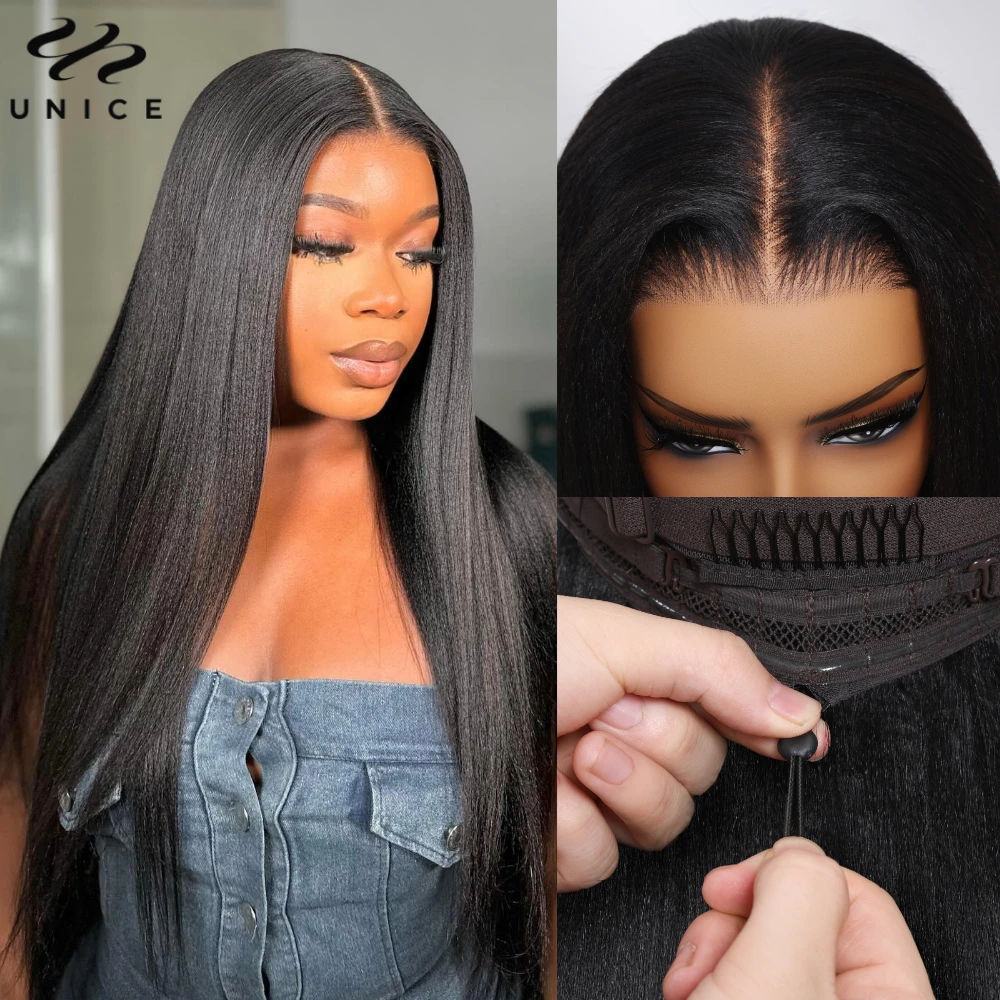 UNice Hair Drawstring Cap Yaki Straight 7x5 Lace Closure Wig Pre Cut Pre Bleached Glueless Wig Human Hair Ready To Wear Go