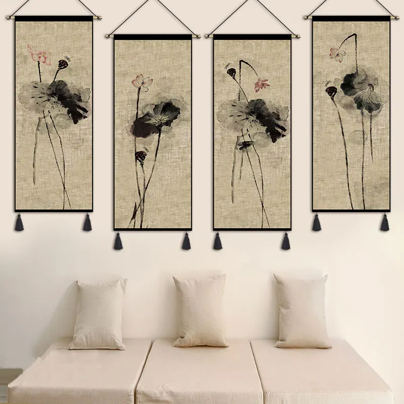 New Chinese Lotus Tapestry Zen Simple Living Room Bedroom Decorative Painting Background Wall Painting Room Decor Aesthetic