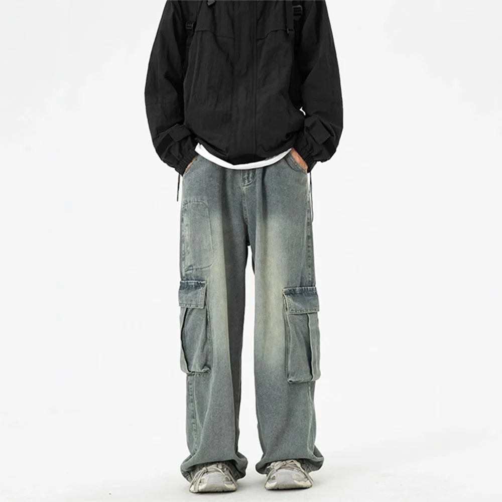 

Man Cargo Jeans 2026 Spring Autumn American Cargo Jeans For Men Vintage Washed Straight Baggy Wide Leg Denim Pants Streetwear