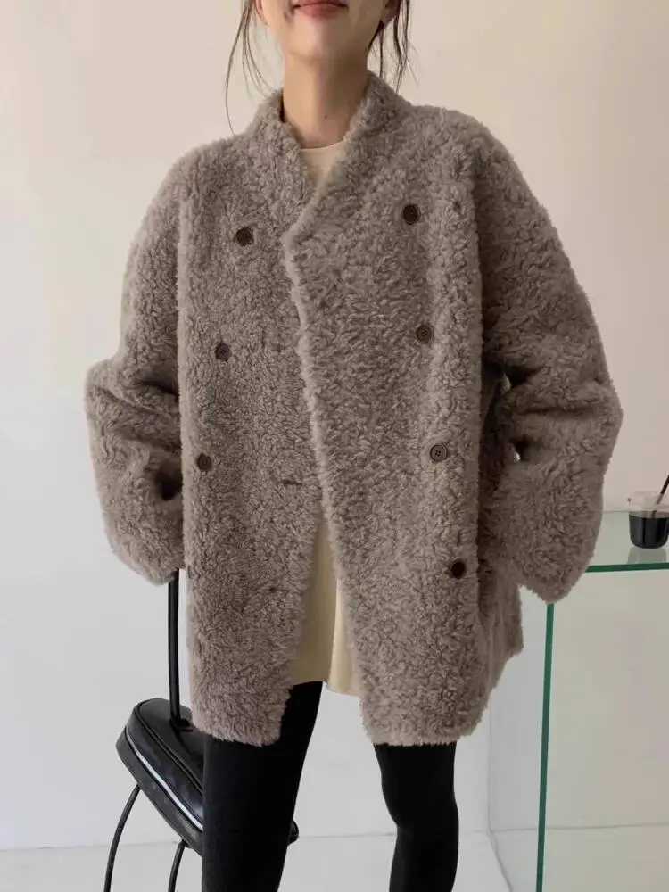 Casual Lamb Fur Grass Coat For Women V Neck Long Sleeve Double Breasted Jacket 2026 Winter New  23ZFV9C