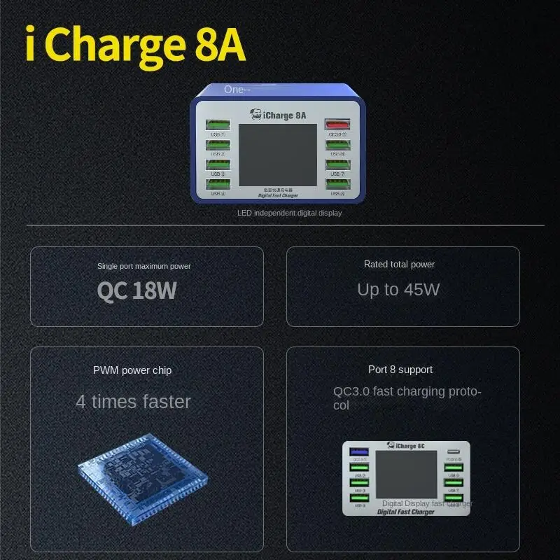 MECHANIC iCharge 8A QC 3.0 USB Multi Port Charger Support Fast Charging With LCD Digital Display For Mobile Phone Tablet Charger