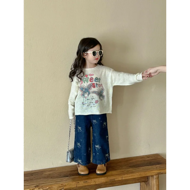 Girls' Suit2024Autumn New Medium and Large Children's Long Sleeve Sweater Straight Jeans Two-Piece Children's Trousers Fashion