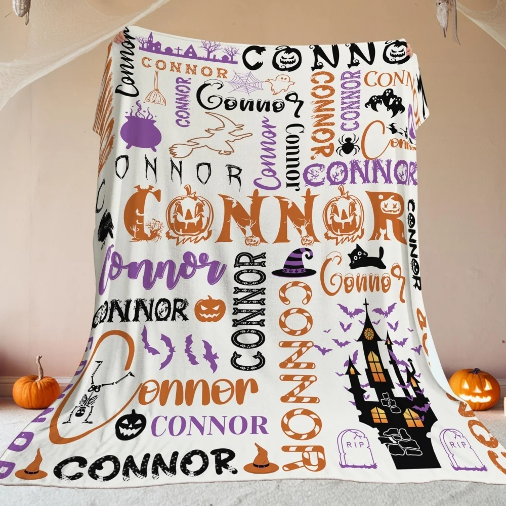 Personalized Custom Name Halloween Flannel Blanket, Repeated Name Print Throw Blanket Pumpkin Ghost Castle Pattern Gift for Kids