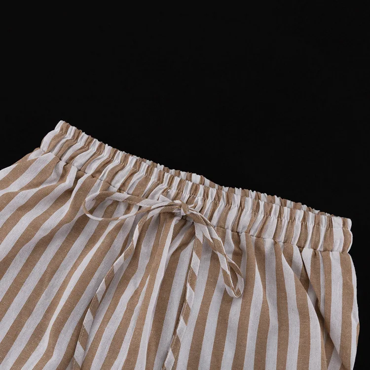 البني مخطط رقيقة بنطلون 2 قطعة مجموعة النساء الخامس الرقبة نصف كم الدانتيل متابعة سترة بلوزة الصيف بسيط موضة سراويل تقليدية مجموعات #6