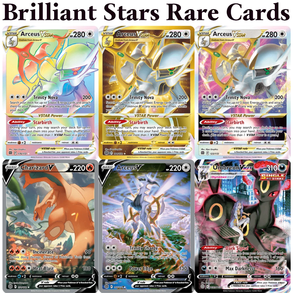 

Коллекционные игровые карты PKM Brilliant Stars (BRS) с фольгированным покрытием DIY: Charizard V, Arceus V, Arceus VSTAR, Charizard VSTAR, Umbreon VMAX. Редкие коллекционные карты.