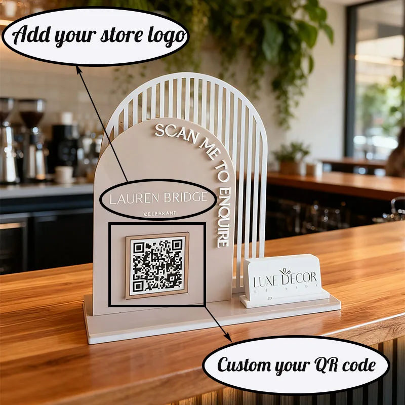 Soporte de exhibición de código QR acrílico personalizado con logotipo para Google Business, medios sociales, código QR, decoración de tienda de diseño personalizado