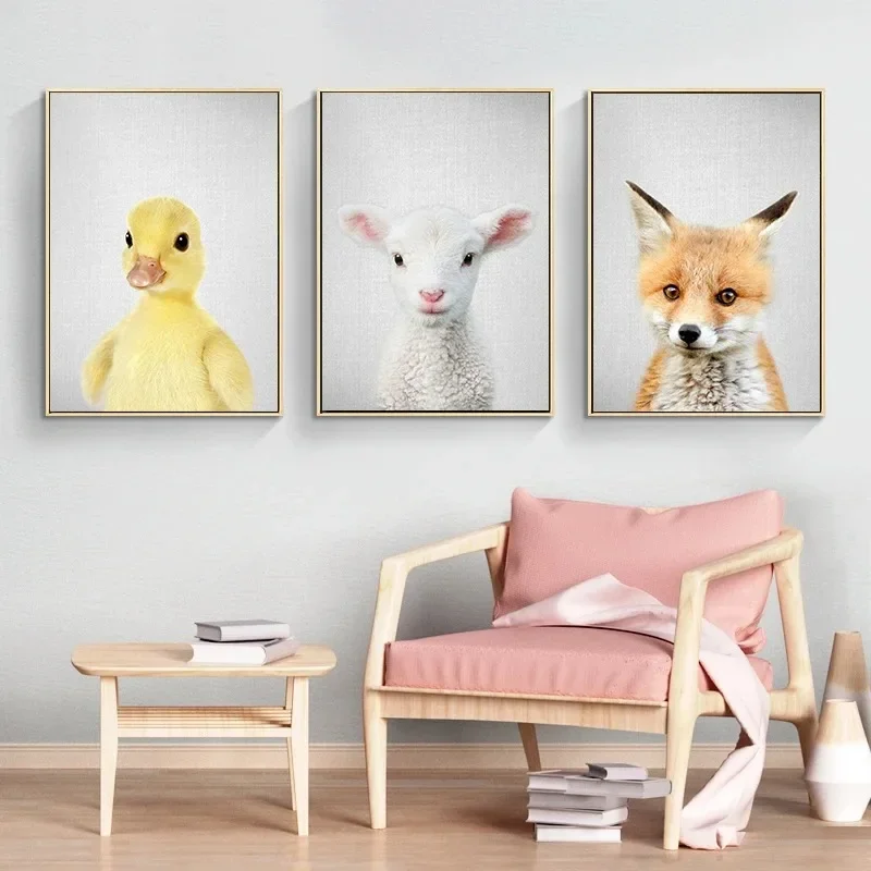 Pintura en lienzo moderna de estilo nórdico, lindo bebé, Animal, León, Alpaca, caballo, gallo, carteles, arte de pared de habitación para niños, imagen de decoración del hogar