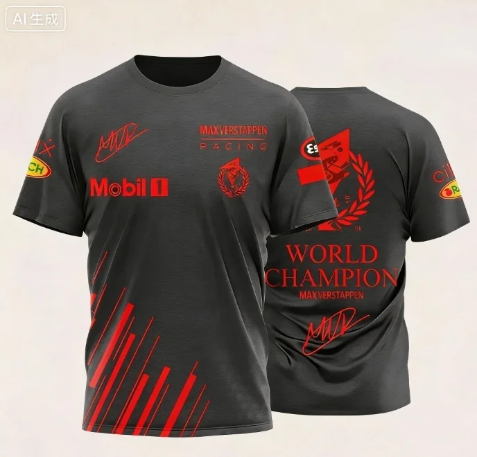T-shirt with World Champion Signature & Event Logos Comfortable Casual Wear for Racing Fans