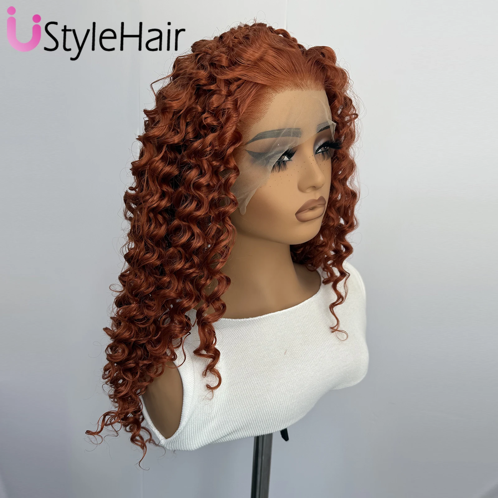 UStyleHair Wig Keriting Panjang Merah Tembaga 13X4 Wig Depan Renda Sintetis Tanpa Lem untuk Wanita Cosplay Pakaian Sehari-hari Serat Tahan Panas