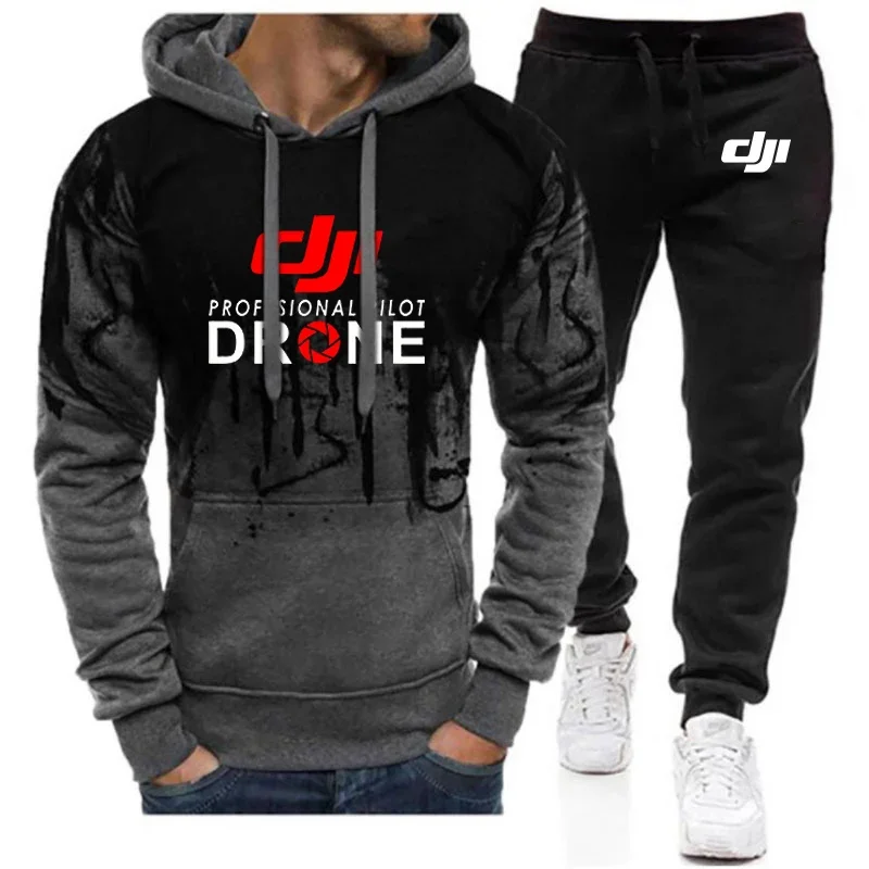 2024 New Dji Professional Pilot Drone Men Spring and Autumn Gradient Color Set Casual Print Pullover Hoodie+Pant Comfortable