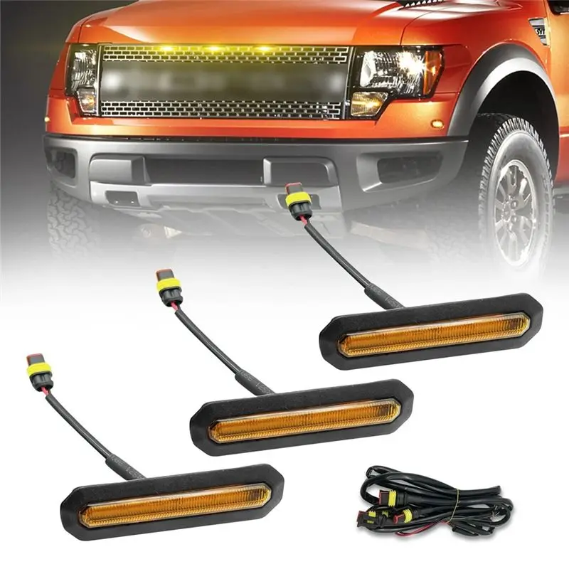 For Ford Bronco 2021-2023 Compatible LED Front Grille Light Lamps 3Pcs Yellow Color Lens