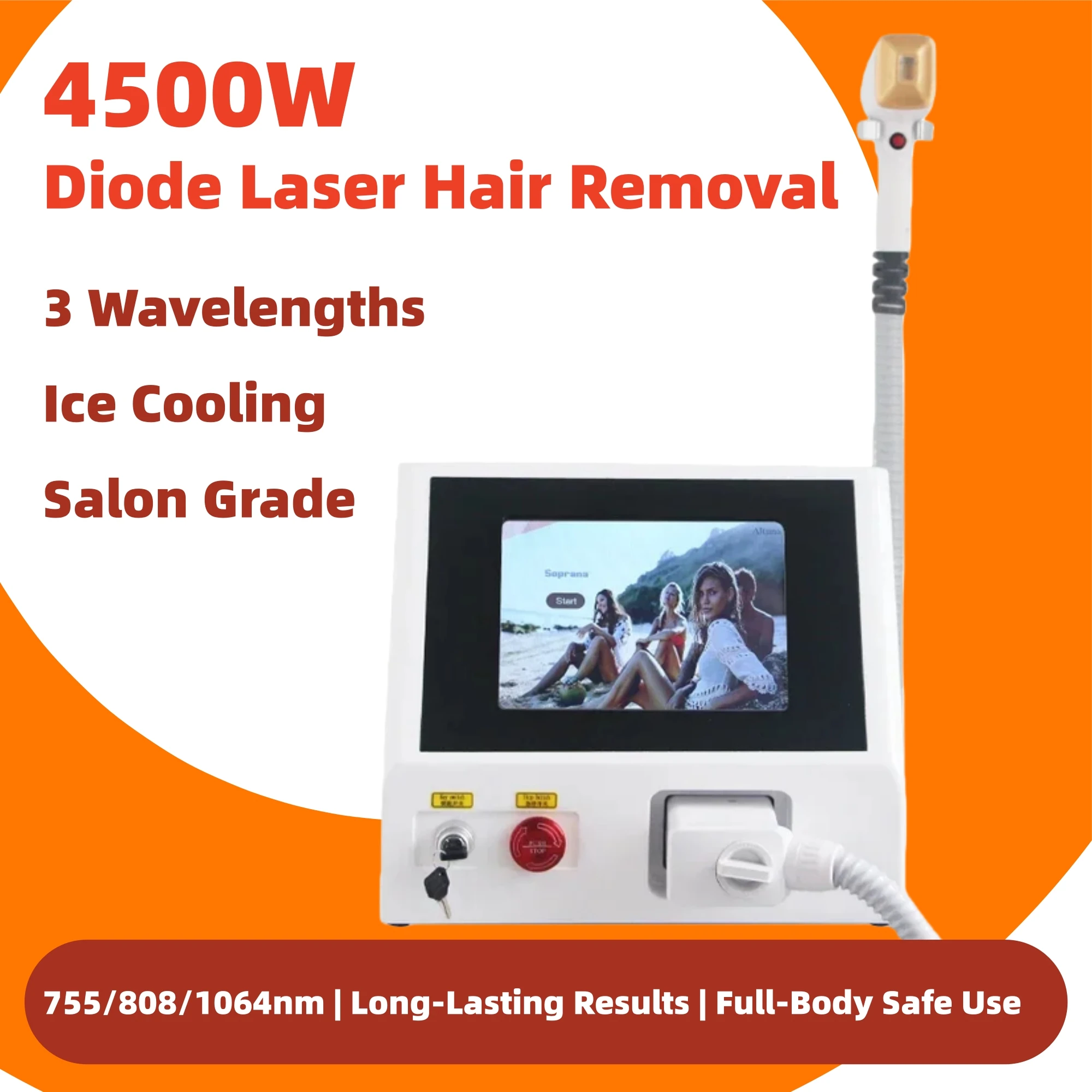 4500W 808 diode hair removal device, featuring three different wavelengths, providing painless permanent hair removal.