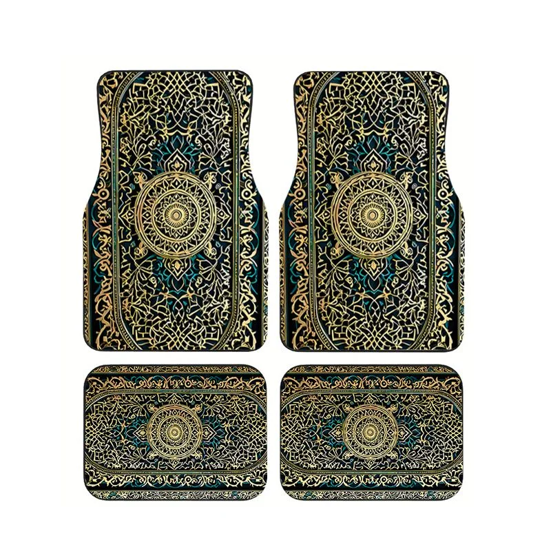 

Black Gold Luxe Ethnic Pattern Car Floor Mat 4Pcs Set Universal Wear Resistant Waterproof Auto Foot PadsInterior Protective Mat