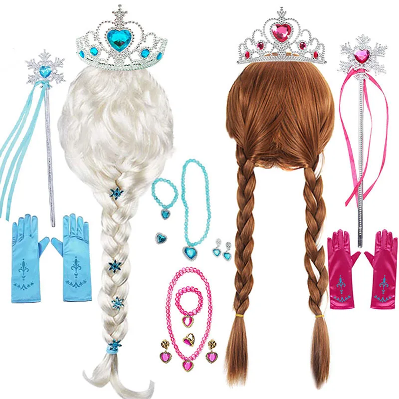 

Elsa Birthday Party Costume Play Accessories Headwear Tiara Snow Queen Kid Princess Wig Braid Kid Carnival Cosplay Dress up Kits